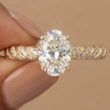 Nhẫn đính hôn hình oval mạ vàng 18K đính đá Zirconia, trang sức cao cấp dành cho nữ. - Vàng - Xem 9