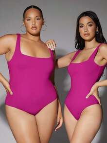 1 pieza Body de cuello cuadrado de color sólido - Rosa Fucsia - Ver 10