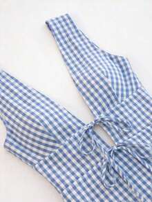 Vestido mini sin mangas con lazo delantero a rayas - Azul y blanco - Ver 5