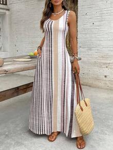 YHHBreezaya Vestido casual sin mangas con cuello redondo y bolsillos a rayas para mujerYHH - Albaricoque - Ver 3