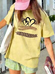 Camiseta de mujer de verano con cuello redondo, manga corta, estampado vintage de leopardo con diseño de corazón, para uso diario - Amarillo - Ver 2