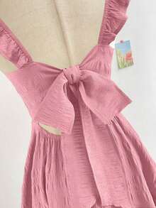 Vestido mini de mujer para vacaciones, de color caqui marrón, con textura de ramitas y hojas, de tela, con mangas de tipo gorro, espalda abierta y cintura con lazo, apto para fiesta, cita, té de la tarde, estilo bohemio, festival de música, carnaval, playa. - Rosa - Ver 5