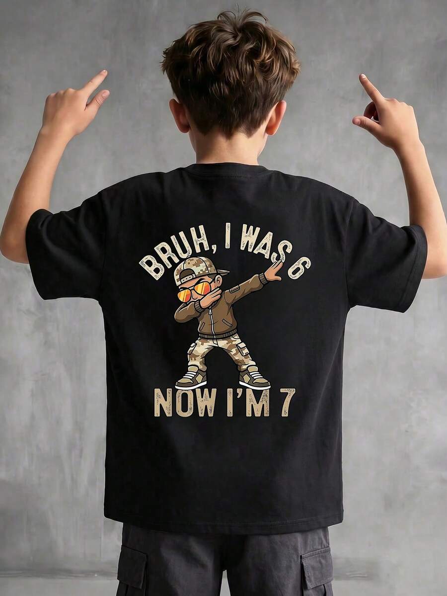 1pc Boys' Funny Graphic Print Short Sleeve T-Shirt, American Street Style Camouflage Cool Dab Dance Children Top - Black - View 1