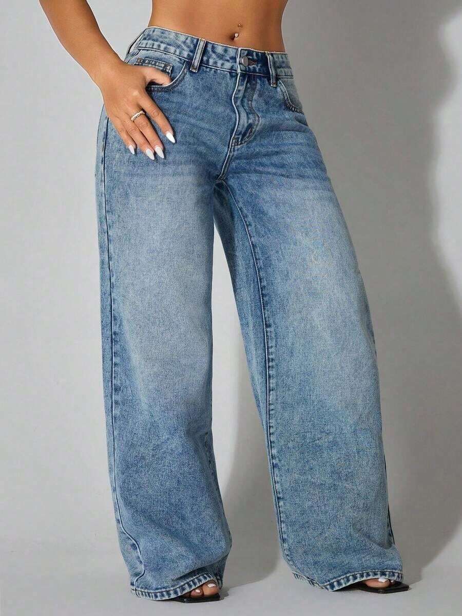 Jeans casuales de cintura baja y pierna ancha de color azul con bolsillos en diagonal, ropa de verano y primavera - Azul 2 - Ver 1