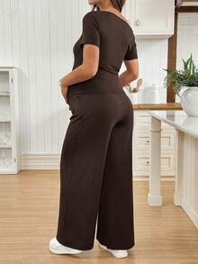 2 piezas Conjunto de top asimétrico y pantalones de unicolor casual de maternidad, verano - Marrón - Ver 2