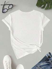 Camiseta de mujer de cuello redondo, holgada y de alta calidad, con estampados de letras, corazones de dibujos animados y diseños de animales pequeños en varios estilos, es adecuada para el uso diario casual y salidas a la playa. Es la elección perfecta para conjuntos de vacaciones en pareja. Hecha de 100% algodón puro, tela de 200 gramos de peso, de alta calidad, suave y cómoda, un imprescindible para el uso diario. - Blanco - Ver 2