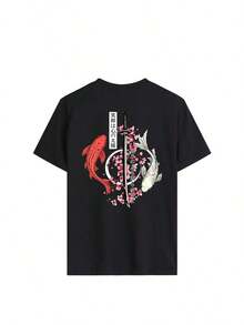 Women's White Short-Sleeved Crew Neck T-Shirt With Koi Carp Print, Versatile Casual Japanese Style Top, Suitable For Everyday Summer Wear - 黑色 - 查看 3