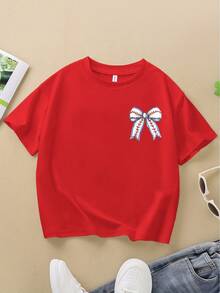 Girls' Short-Sleeved T-Shirt With Baseball Bow Print, A Versatile Everyday Garment, A Comfortable Basic Cotton T-Shirt With A Round Neck, Machine Washable, Suitable - Pink - View 8