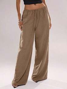 Pantalones casuales de uso diario de unicolor con cordón en la cintura para mujeres - Marrón - Ver 6