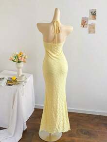 2026 Women's Romantic Gradient Mesh Knit Holiday Dress With Halter Neck, Bow And Decorative Metal Buckle, Mermaid Cut, Suitable For Parties, Dates, Afternoon Tea, Sexy And Elegant - 黃色 - 查看 2