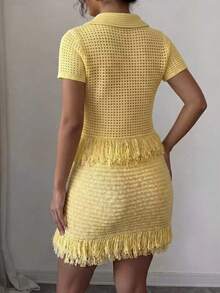 Yellow Tassel Trim Crochet Polo Shirt, Button-Up Knit Top, Suitable For Summer Vacation And Casual Daily Wear - Yellow - View 6