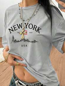 Women's Summer T-Shirt, New Fashion, Simple Slogan Print, Casual Vacation Style, Loose Fit, Round Neck, Short Sleeves. Blouse For Everyday Wear And Vacations. Women's T-Shirt. - 淺灰色 - 查看 2