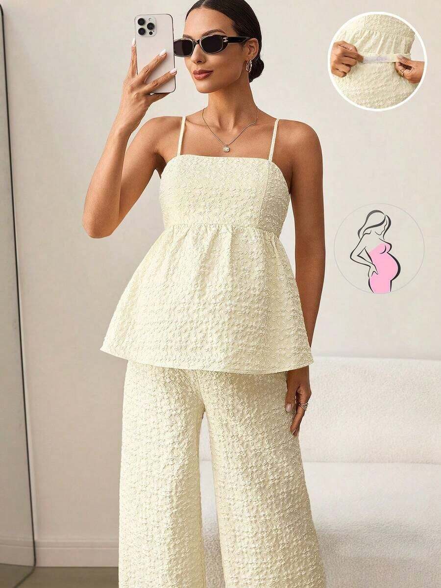 MaterniWear Set de 2 piezas de conjunto informal de camiseta de tirantes y pantalón de pierna ancha con estampado floral para maternidad - Amarillo - Ver 1