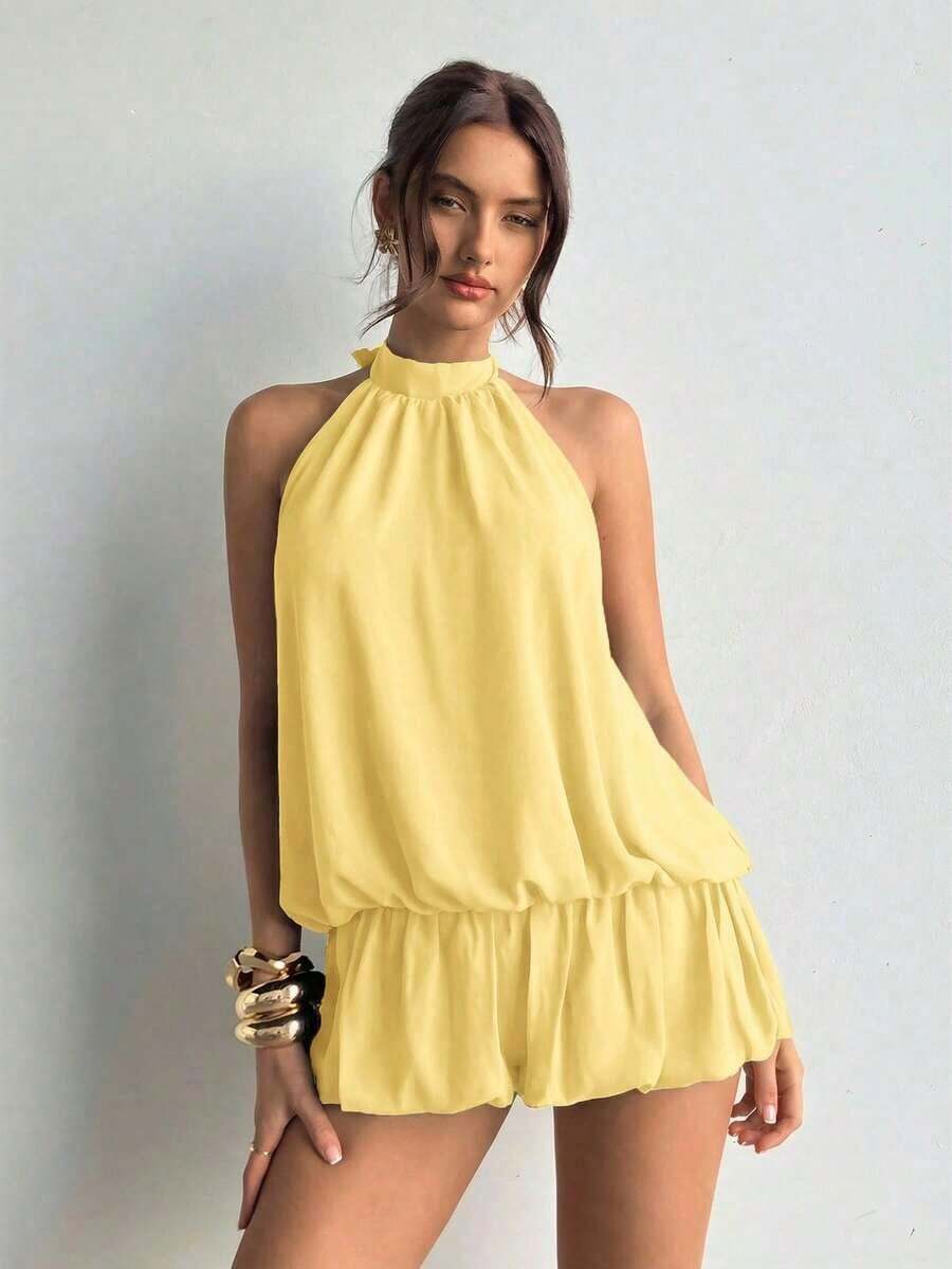 Women's Casual Summer Dress With Halter Neck, Solid Color And Ruffles At The Hem - Yellow - View 1