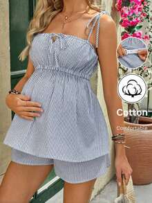 Set casual de 2 piezas de top de tirantes con nudo delantero a rayas y shorts con cintura ajustable para maternidad - Azul marino 2 - Ver 8