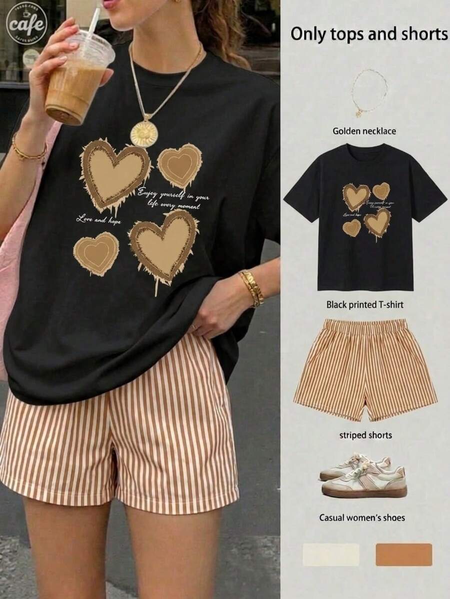 Conjunto Casual de 2 Piezas para Mujer Camiseta Manga Corta con Estampado de y Shorts de Cintura Alta a Rayas estilo casual ideal diario vacaciones dulce - Camel - Ver 1