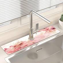 1pc Pink Floral Diatom Mud Decorative Non-Slip Silicone Faucet Drain Pad, Kitchen Drain Pad, Suitable For Bathroom And Kitchen Faucet Protection And Decoration. - Multicolor - View 2