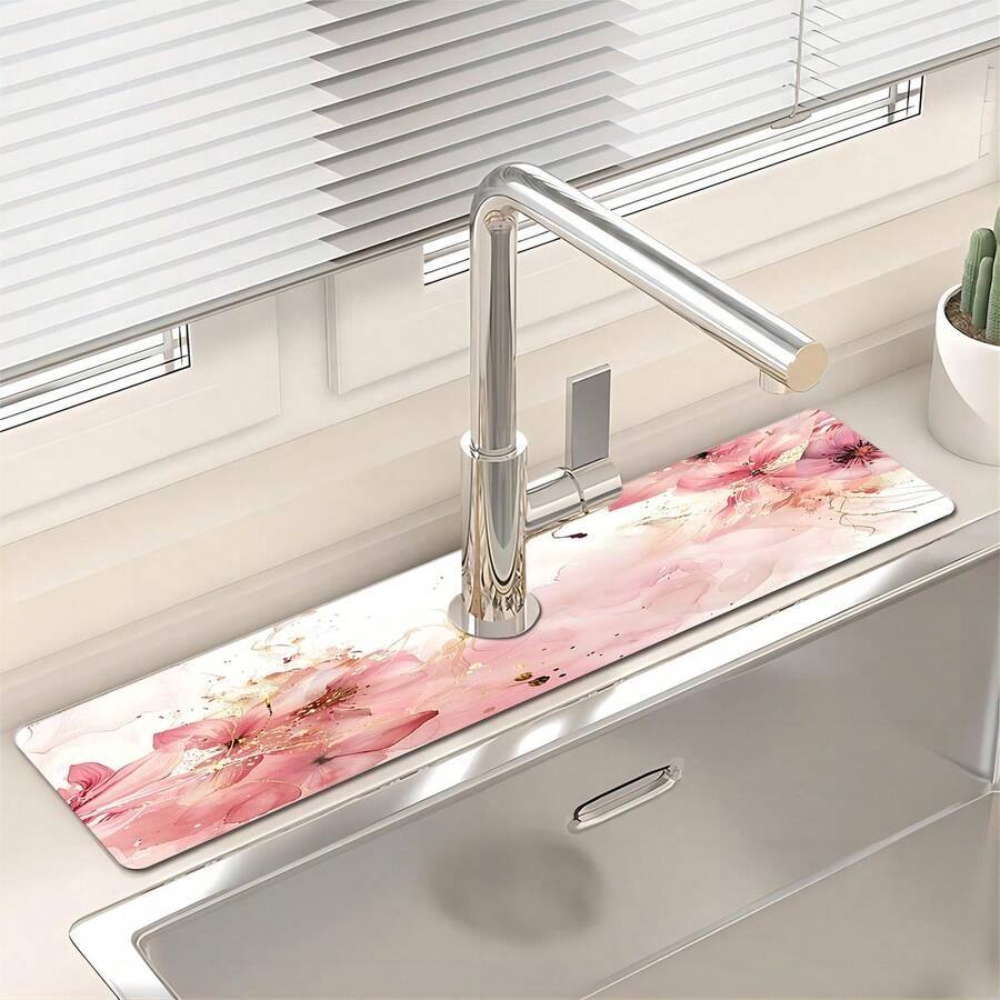 1pc Pink Floral Diatom Mud Decorative Non-Slip Silicone Faucet Drain Pad, Kitchen Drain Pad, Suitable For Bathroom And Kitchen Faucet Protection And Decoration.