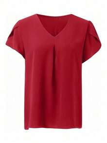 Plus Size Women V-Neck Solid Color Petal Short Sleeve Blouse Summer Red - Red - View 2