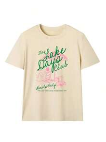 Camiseta de manga corta con estampado "Lake Days Club" para mujer, estilo retro americano con temática de vacaciones, corte holgado, efecto adelgazante, cómoda, transpirable, estilo relajado para uso diario, camiseta para mujer, perfecta para el trayecto diario al trabajo/reuniones de chicas/vacaciones en el lago/salidas de verano/festivales de música/atuendos de primavera y verano. - Albaricoque - Ver 2