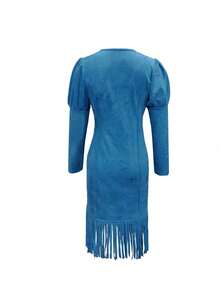 Mini vestido sin mangas con borlas de gamuza retro - azul real - Ver 3