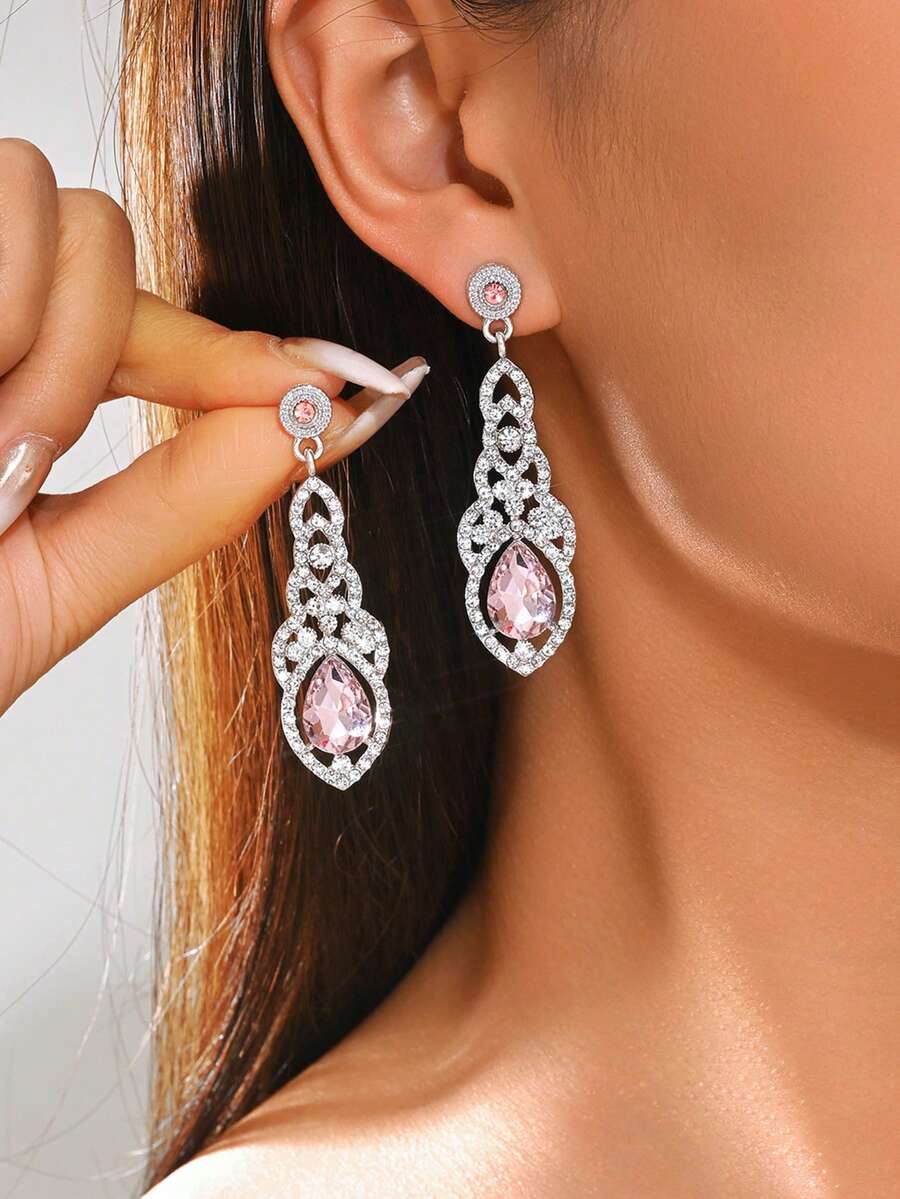 1 par de elegantes pendientes de boda con cristales de gota de agua - Rosa Pálido - Ver 1