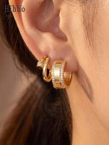 Hihho 4pcs Luxury Fashion Stackable Earrings Set, Geometric Design With Full Zirconia Ear Clips, Minimalist Elegant And Sparkling, Suitable For Commute, Daily Wear, Workplace, Light Social Occasions, Great Gift For Girlfriend - Earrings Set - View 3
