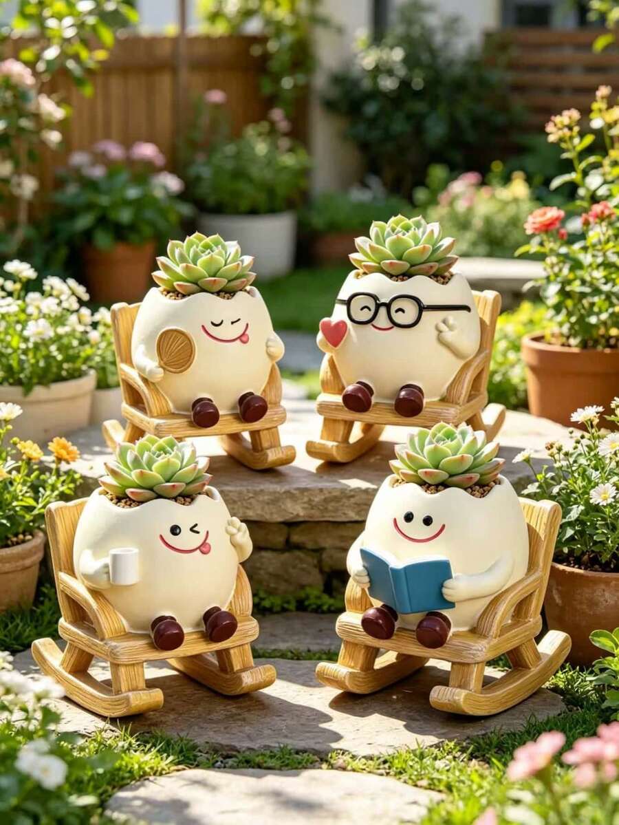 1pc Cute Egg-Shaped Succulent Planter With Rocking Chair, Resin Smiling Expression Plant Pot, Funny Cartoon Flower Pot Suitable For Indoor Home, Balcony, Desktop Decoration, Gardening Gift - Multiple Styles - View 1