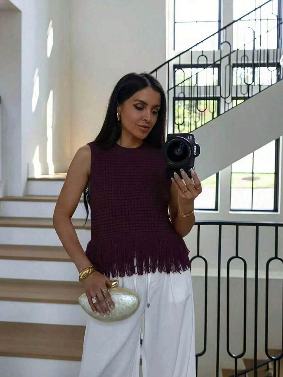 Top de punto sin mangas de cuello redondo de unicolor, versátil para el verano - Color caoba - Ver 1