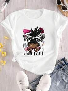 Women's Floral Print T-Shirt, Casual Round Neck, Short Sleeve, Comfortable Summer Top, Polyester Fabric, For All Seasons#Y2k Hair Stylist Graphic T-Shirt - 白色 - 查看 2
