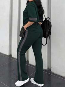 2 piezas Conjunto de camiseta de manga corta de cuello redondo y pantalones sueltos de cintura elástica para mujer, uso diario casual, negro, verano - Verde oscuro 24 - Ver 9