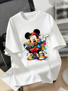 Disney Men's 90s Hip Hop Mickey Mouse Graphic T-Shirt, Crew Neck Short Sleeve Casual Tee, Retro Boombox Graffiti Print Streetwear Top For Men - trắng - Xem 3