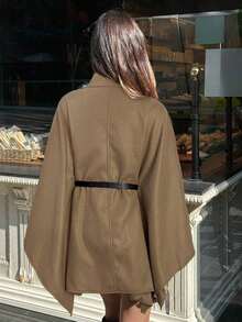 Abrigo de lana con cuello alto, mangas de murciélago, cintura ceñida para mujer en otoño/invierno - Camel - Ver 2