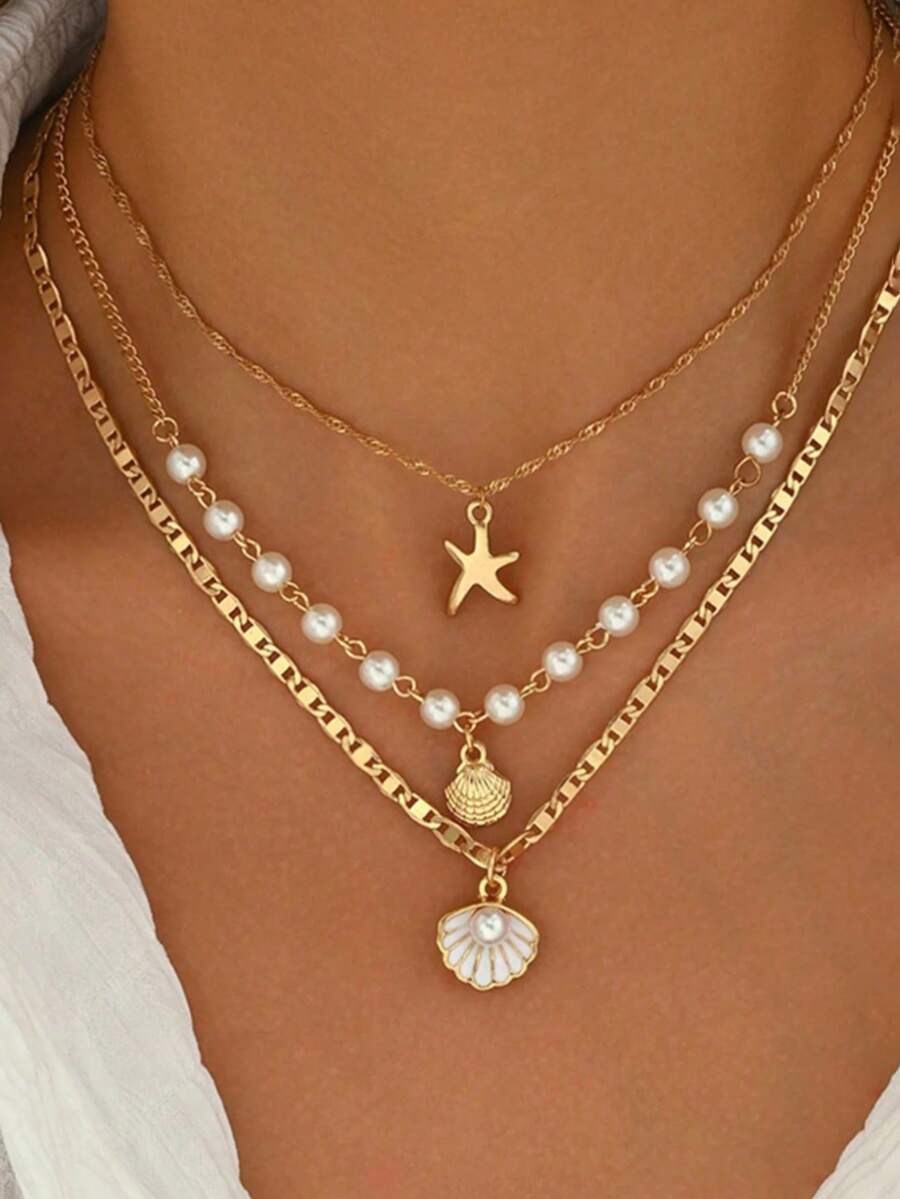 Bộ 3 mặt dây chuyền ZA thời trang, phong cách vintage boho bãi biển với hình sao biển, vỏ sò và nhiều mặt dây chuyền, vòng cổ choker nhiều lớp, quà tặng dự tiệc/ngày lễ, phụ kiện đa năng.
