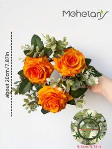 MEHELANY 1pc Orange Artificial Rose Table Centerpiece, Faux Floral Table Runner With Green Leaves, Fake Rose Wreath Suitable For Home Dining Table, Birthday Party, Wedding Venue, Bridal Shower, Rustic Style Table Decor - Orange - View 3