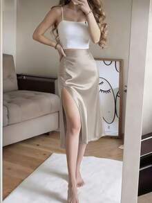 Apricot Satin High Slit Button-Up Skirt, French Elegant A-Line Skirt - Apricot - View 2