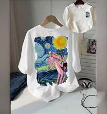Mujer camiseta casual arte estampado combinación animación ajuste holgado cuello redondo manga corta verano diario T-shi rt,Arte, noche estrellada, van gogh - Blanco - Ver 1