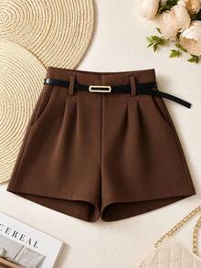 Women's Tailored High-Waisted Shorts + Belt With Gold Buckle - 鏽棕色 - 查看 2