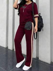 2 piezas Conjunto de camiseta de manga corta de cuello redondo y pantalones sueltos de cintura elástica para mujer, uso diario casual, negro, verano - Borgoña 63+ Albaricoque - Ver 6