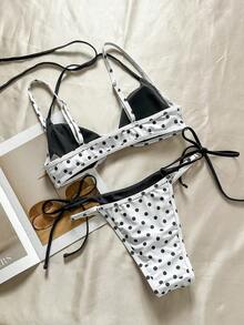Bikini de mujer con estampado de lunares y rayas retro, casual y elegante para vacaciones, festivales de música, carreras de caballos, Kentucky Derby - Negro - Ver 4