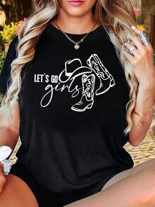 Camiseta de manga corta de algodón ligero y transpirable, edición limitada, estilo vaquero occidental, con estampado de texto Let's Go Girls, cuello redondo para mujer, primavera/verano. - Negro - Ver 1