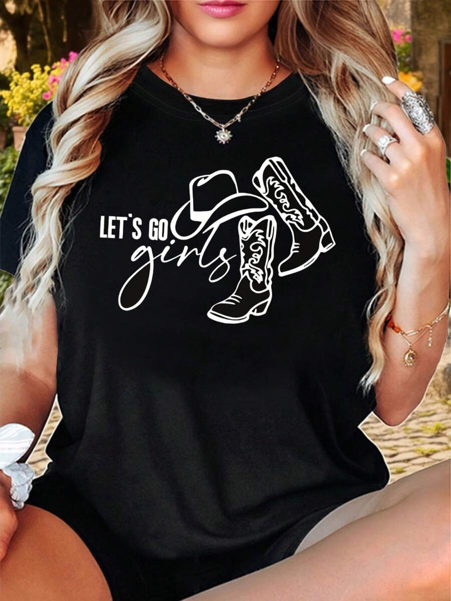 Camiseta de manga corta de algodón ligero y transpirable, edición limitada, estilo vaquero occidental, con estampado de texto Let's Go Girls, cuello redondo para mujer, primavera/verano. - Negro - Ver 1
