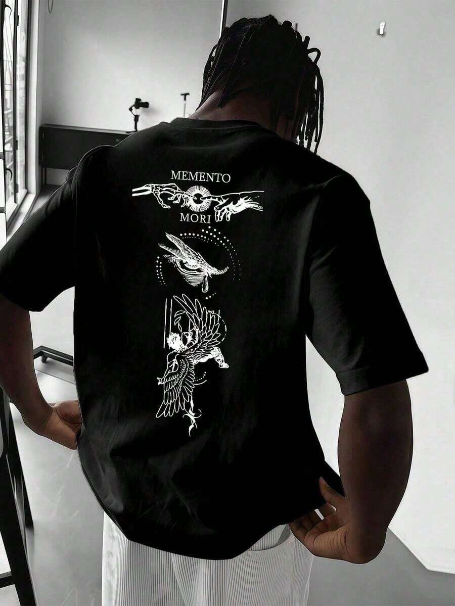 Camiseta de manga corta holgada estilo Y2K para hombre, talla grande, con estampado de moda para hombre SU ER | Diseño exquisito | Esencial de verano | Fácil de combinar, resaltando tu estilo. 100% algodón puro. - Negro - Ver 1