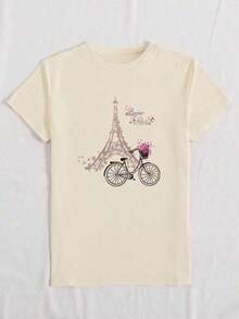 Camiseta casual de manga corta y cuello redondo con estampado de flor, Torre Eiffel y bicicleta para mujer, gráfico "Bonjour París" camisas gráficas para mujer-Vintage Street Style Unisexoose Cotton Short Sleeve Crew Neck T-Shirt - Albaricoque - Ver 3