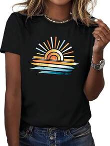 Camiseta de manga corta con cuello redondo y estampado de atardecer sobre el agua, top casual de primavera y verano, ropa de verano para mujer, blusas de mujer, tallas S-3XL - Negro - Ver 6