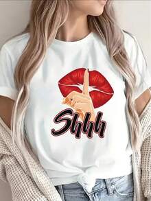 Lightweight And Durable T-Shirt, Adorned With A Red Lips Design And A 'Shhh' Motif, Perfect For Casual Outings At Home Or In Restaurants, Offering Optimal Comfort For Everyday Use. - White - View 1