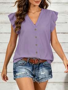 Nuova elegante camicetta da donna a tinta unita con scollo a V e maniche corte, tessuto comodo e non elasticizzato, adatta per l'abbigliamento casual in primavera e estate - Viola - Visualizzare 2