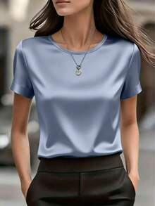 Áo kiểu nữ thanh lịch cổ tròn tay ngắn bằng vải satin, thích hợp cho mùa xuân và mùa hè. - Màu xanh lam - Xem 1