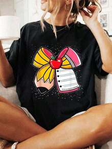 Camiseta 100% Algodón para Estudiantes y Maestros, con Estampado de Lazo y Lápiz, para el Regreso a Clases, Camiseta Casual de Cuello Redondo y Manga Corta, Cómoda para Primavera y Verano, Ropa de Mujer, blusa casual mujer, playeras de mujer algodón - Negro - Ver 1