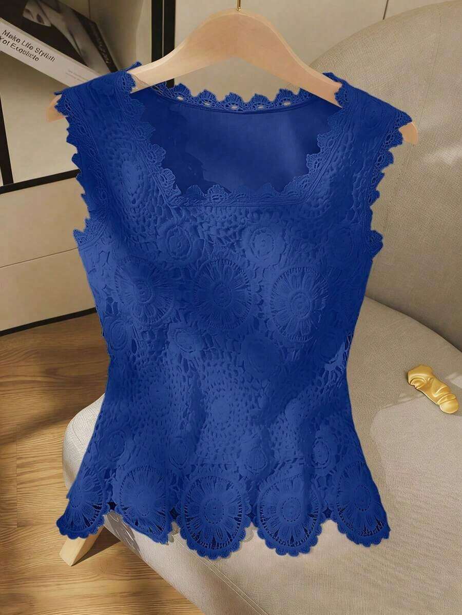 Camiseta de mujer de encaje a ganchillo, diseño de blusa elegante y de moda sin mangas, estilizadora - azul real - Ver 1